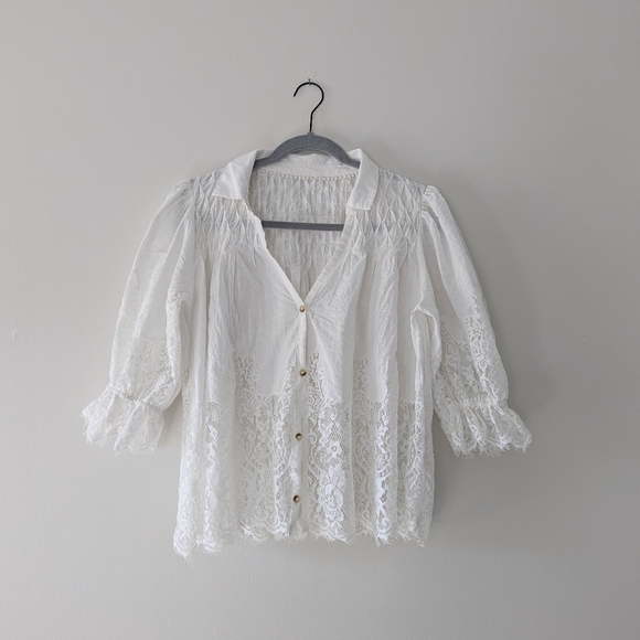 By Anthropologie Victorian Sheer-Lace Blouse Button-Up White - Women's M - Picture 4 of 12